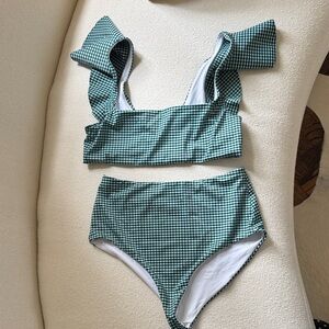 Hill House Home Green Gingham High Waisted Checkered Bikini with Ruffles